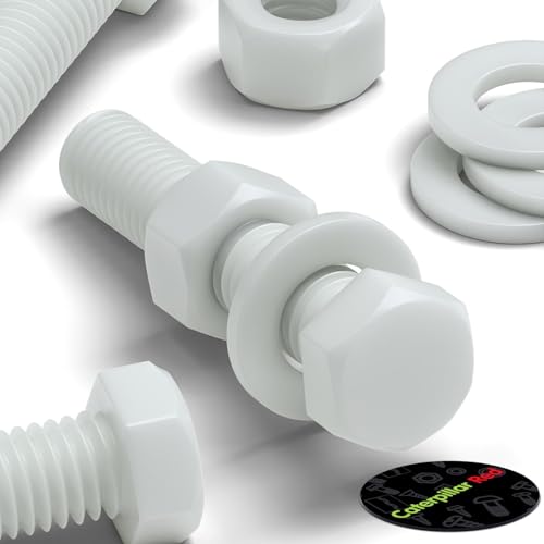 10 x weiße Sechskantschrauben aus Polyoxymethylen (POM), Kunststoffmuttern, Unterlegscheiben, Schrauben, Sechskantkopf, M12 x 60 mm, Verschluss (15/32 Zoll x 2-3/8 Zoll) von Caterpillar Red