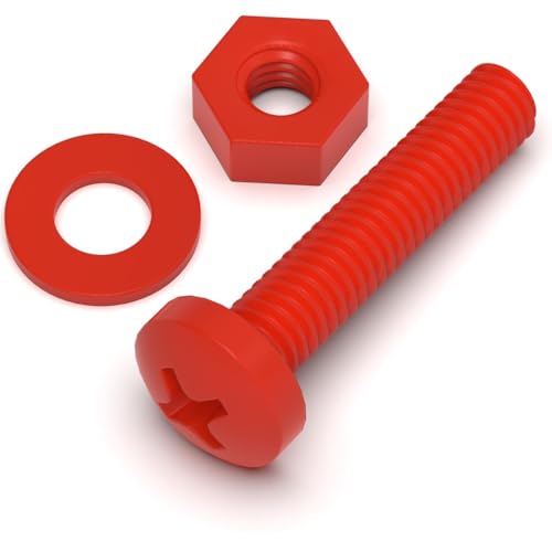 20 x Phillips-Flachkopfschraube Rote Plastikmuttern und -bolzen aus Polypropylen (PP), Acryl, M4 x 20 mm, Unterlegscheiben von Caterpillar Red
