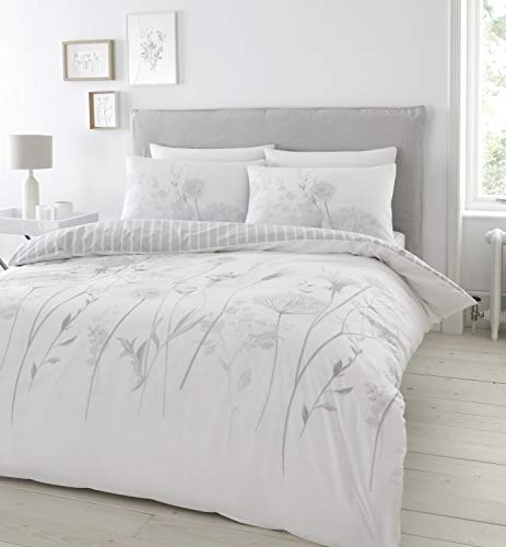 Catherine Lansfield Bedding Meadowsweet Floral Double Duvet Cover Set with Pillowcases White Grey von Catherine Lansfield