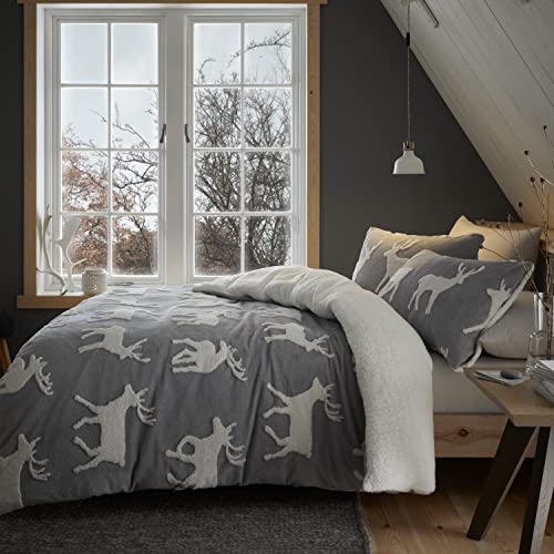 Catherine Lansfield Bedding Hirsch Sherpa-Jacquard-Bettwäsche-Set mit Kissenbezügen, Doppelbett, Grau von Catherine Lansfield