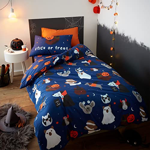 Catherine Lansfield Bedding Bettwäsche-Set mit Kissenbezügen, Motiv: Halloween-Hunde, leuchtet im Dunkeln, Einzelbett, Blau von Catherine Lansfield