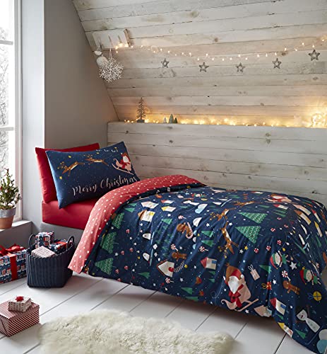 Catherine Lansfield Kids Bedding Bettwäsche-Set mit Kissenbezügen, Weihnachtsmannmotiv, leuchtet im Dunkeln, Marineblau von Catherine Lansfield