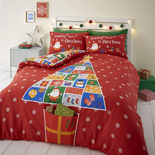 Catherine Lansfield Countdown bis Weihnachten Bettwäsche-Set, Polyester Baumwolle, rot, Doppelbett von Catherine Lansfield