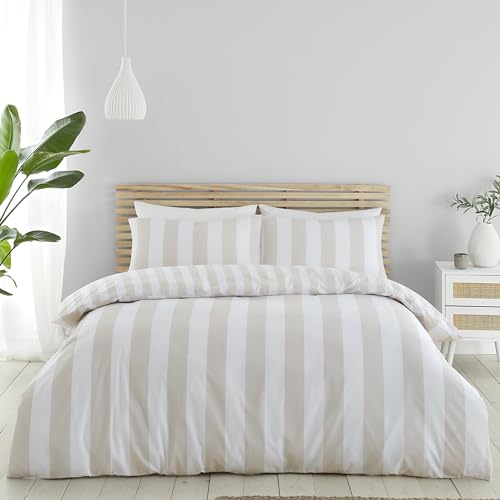 Catherine Lansfield Cove Stripe Wende-Bettwäsche-Set mit Kissenbezügen, für Kingsize-Bett, Natur von Catherine Lansfield