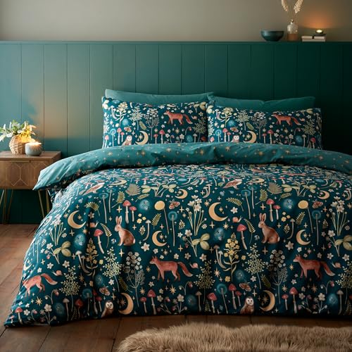 Catherine Lansfield Enchanted Twilight Wende-Bettwäsche-Set für Doppelbett mit Kissenbezügen, Waldgrün von Catherine Lansfield