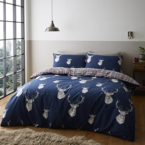 Catherine Lansfield Munro Stag Check Navy Set BEZUG 200X200+2(50X80) von Catherine Lansfield