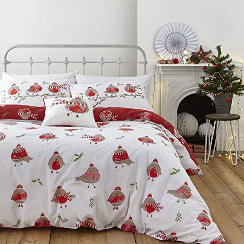 Catherine Lansfield Christmas Bedding Rotkehlchen-Wende-Bettwäsche-Set für Einzelbett, mit Kissenbezug, Weiß/Rot von Catherine Lansfield