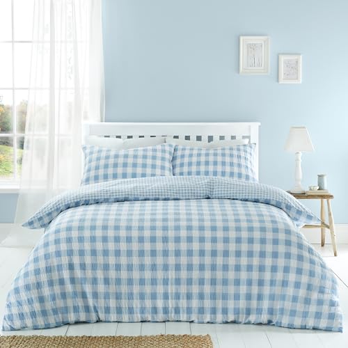 Catherine Lansfield Seersucker Bettwäsche-Set für Doppelbett, Gingham-Karo-Muster, Blau von Catherine Lansfield