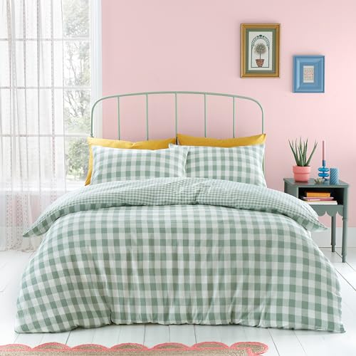 Catherine Lansfield Seersucker Bettwäsche-Set für Doppelbett, Gingham-Karo-Muster, Grün von Catherine Lansfield