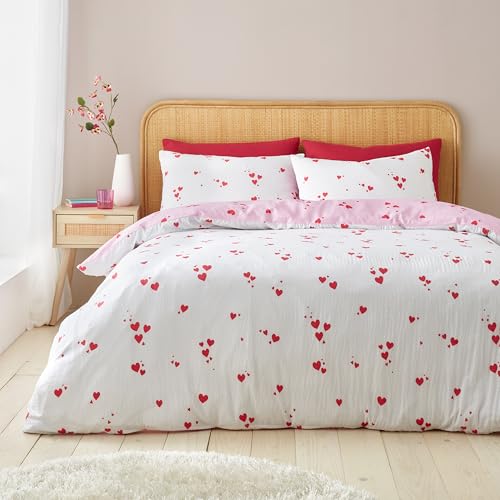 Catherine Lansfield Seersucker-Bettwäsche-Set mit Kissenbezug, Herzmotiv, für Einzelbett, Weiß/Rot von Catherine Lansfield