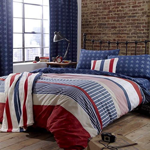 Catherine Lansfield Stars & Stripes Bettbezug und Kissenbezug Bettwäsche, 220 x 220 cm, blau von Catherine Lansfield