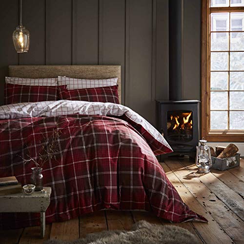 Catherine Lansfield Tartan Check Red Bettwäsche-Set 200 x 220 + 50 x 80 (2) und Spannbettlaken 140 x 200 cm, Weiß von Catherine Lansfield