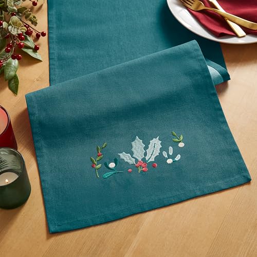 Catherine Lansfield Weihnachtlicher Tischläufer mit Stechpalme und Mistelzweig, Bestickt, Baumwolle, 32 x 220 cm, Grün von Catherine Lansfield