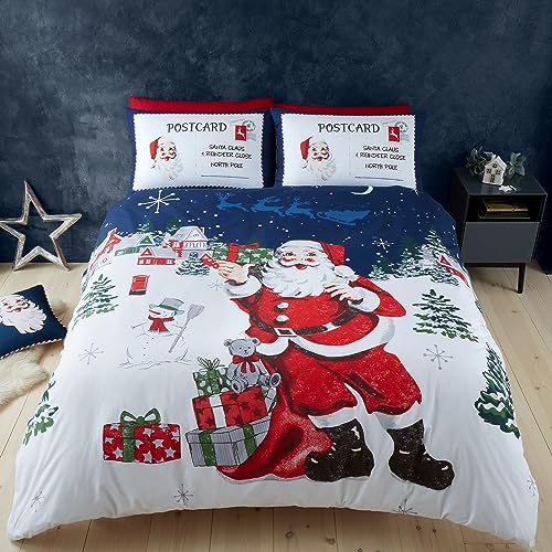 Catherine Lansfield Wende-Bettwäsche-Set mit Kissenbezug, Motiv: Weihnachtsmann, für Einzelbett, Marineblau von Catherine Lansfield