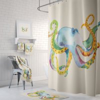 Octopus Duschvorhang - Aquarell, Bunter Tintenfisch, Regenbogen, Spritzig, Unisex Badezimmer von CatherineOriginals