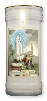 Stumpenkerze mit Lourdes-Gebetskarte "Our Lady of Fatima" von Catholic Gift Shop Ltd