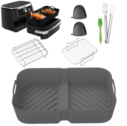 Cathpetic 7PCS Silikonform Zubehör für Ninja AF500,Zubehör für Dual Zone Heißluftfritteuse，Fritteuse Silikonmatte + Grill + Handschuhe + Clips + Ölbürste,Grau B von Cathpetic