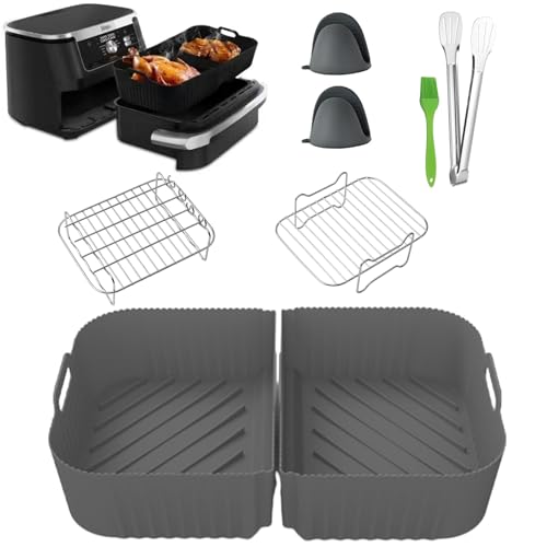 Cathpetic 8PCS Silikonform Zubehör für Ninja AF500,Zubehör für Dual Zone Heißluftfritteuse，Fritteuse Silikonmatte + Grill + Handschuhe + Clips + Ölbürste,Grau A von Cathpetic