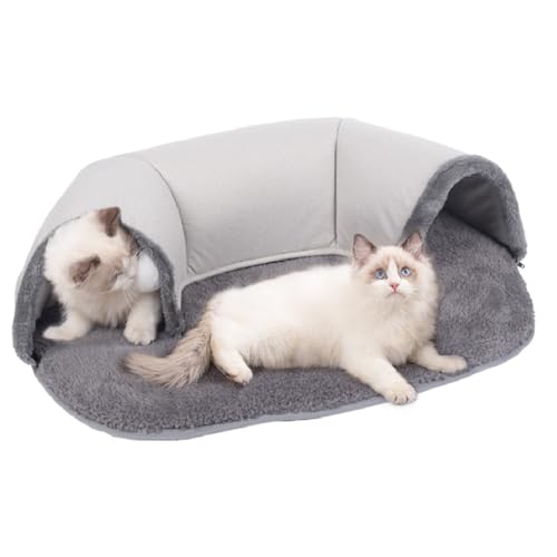 Cathpetic Katzenbett Katzentunnel Plüsch Grau 76×53×17cm,Zwei In Einem Katzentunnel Katzenbett,Katzen Spieltunnel Mit Hängendem Ballspielzeug von Cathpetic