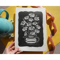 Teeliebhaber Geschenk, Florale Teekanne Original Linoldruck, Küchendeko, Cottage Core von CathyCornishShop