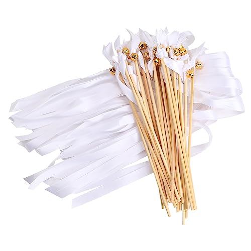 Catime 30 Stück Weiß Band Wedding Wands, Band Zauberstäbe Hochzeit Luftschlangen Bunte mit Glocke, Champagnerfarbene Spitzenfeenstab for Geburtstag Weihnachten Urlaub Feiern (Weißes Band) von Catime