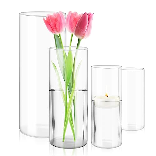 4 Stück Set Kerzenhalter Glas Glasvase, Klarglas Zylinderkerzenhalter Transparent, Stumpenkerze Vas, Blumenvase Modern für Home Office Dekor Essen Hochzeit Tischdekoration Center von Catime