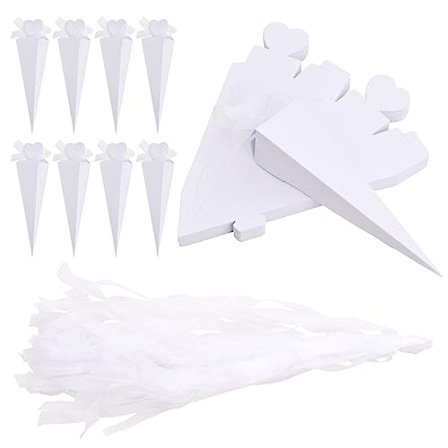 50 Stück Papier Kegel Papierkegel, Süßigkeiten Schachtel, Dreieckige Papier Geschenkboxen mit Band, Konus Verpackung Papier Box für Hochzeit Taufe Fest Geburtstag Baby Dusche Konfetti Reis (Weiß) von Catime