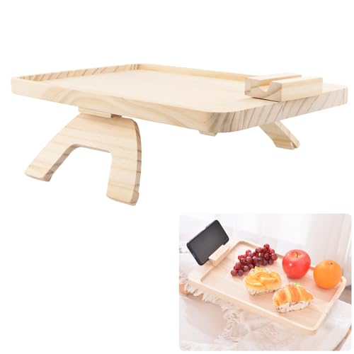 Catime Couch Armlehne Tablett, Holz Couch Tablett Armlehne, Rutschfestes Sofatablett, Clip-Couchtisch, Armlehne Beistelltisch mit 360°Handyhalter, Faltbar Sofa-Armtablett für Getränke Snacks Telefon von Catime