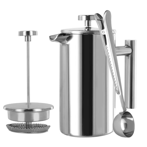 Catime Kaffeezubereiter 350ml mit Filter, French Press i Kaffeebereiter aus Doppelwandigem Edelstahl, Kaffeekanne Silber Klein, Kaffeepresse 2 Tassen mit Löffel von Catime