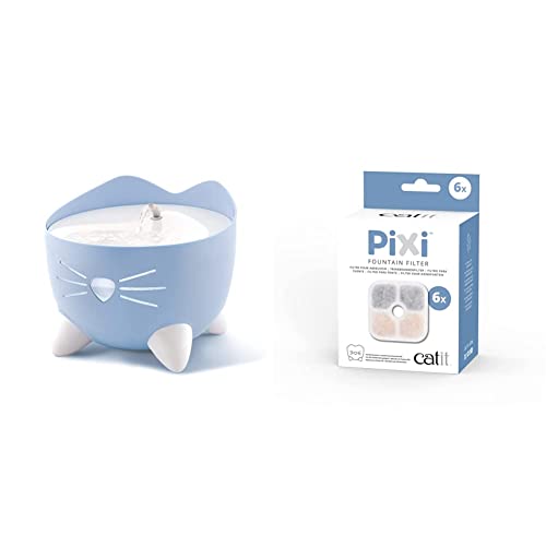 Catit 43717 Pixi Trinkbrunnen für Katzen, 2,5L, blau & 43722 Pixi Ersatzfilter, Trinkbrunnenfilter für die Catit Pixi Trinbrunnen, 6er Pack von Catit