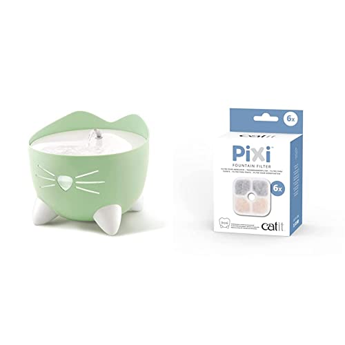 Catit Pixi Trinkbrunnen für Katzen, 2,5L, mintgrün, 1 Stück (1er Pack) & 43722 Pixi Ersatzfilter, Trinkbrunnenfilter für die Catit Pixi Trinbrunnen, 6er Pack von Catit