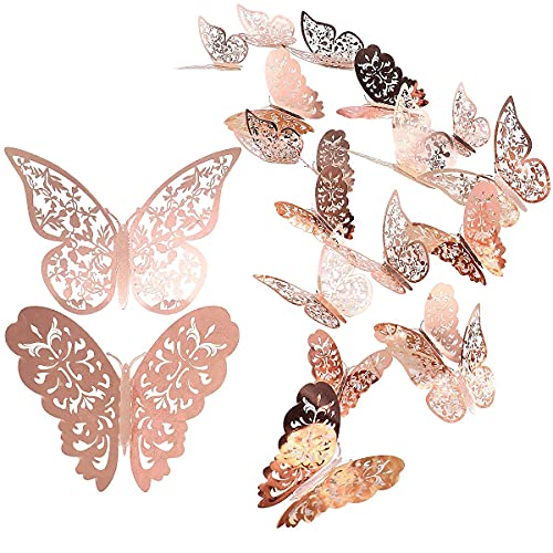 24 Stück Schmetterling Wandaufkleber, Mixed 3D Schmetterlinge Wandtattoos, lebendige Flash Wandaufkleber für Zuhause, Schlafzimmer, Baby Room Decor (Roségold) von CattleyaHQ