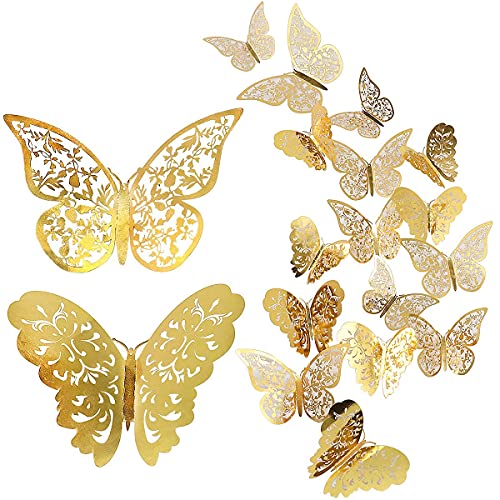 CattleyaHQ 24 Stück Schmetterling Wandaufkleber, Mixed 3D Schmetterlinge Wandtattoos, lebendige Flash Wandaufkleber für Zuhause, Schlafzimmer, Baby Room Decor (Gold) von CattleyaHQ