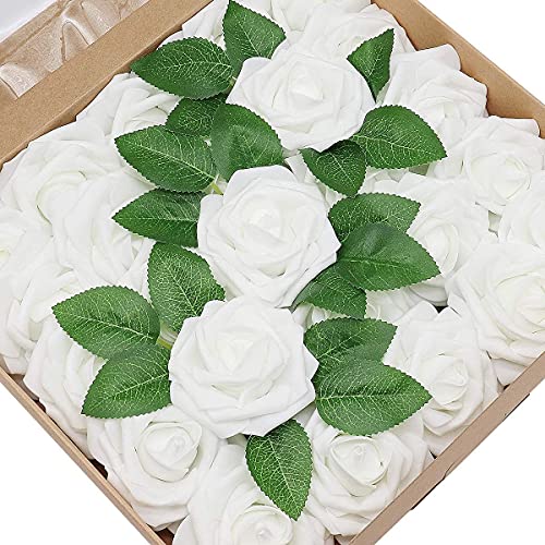 CattleyaHQ 25 Stück künstliche Rosen Blumen, Schaum Rosen mit Box, Simulation Blossom Pretty Rose für Hochzeitssträuße Bridal Party Home Decor (Weiß) von CattleyaHQ