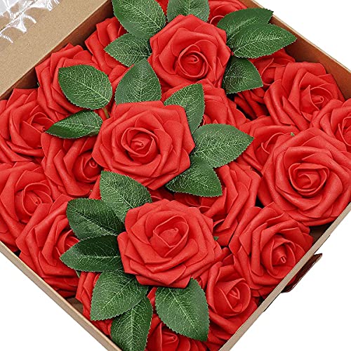 CattleyaHQ 25 Stück künstliche Rosen Blumen, Schaum Rosen mit Box, Simulation Blossom Pretty Rose für Hochzeitssträuße Bridal Party Home Decor (rot) von CattleyaHQ