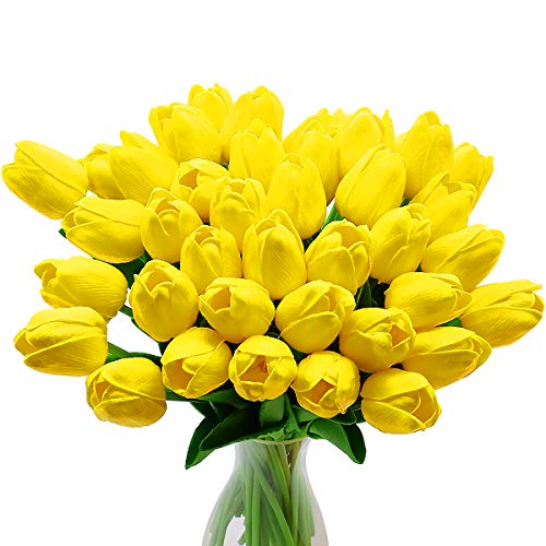 CattleyaHQ Künstliche Tulpen-Blumen, 10pcs Real Touch Latex-Blumen-Tulpen mit Blättern, Elegante Dekoration für Brauthochzeits-Bankett-Partei, Hauptküche (Gelb) von CattleyaHQ