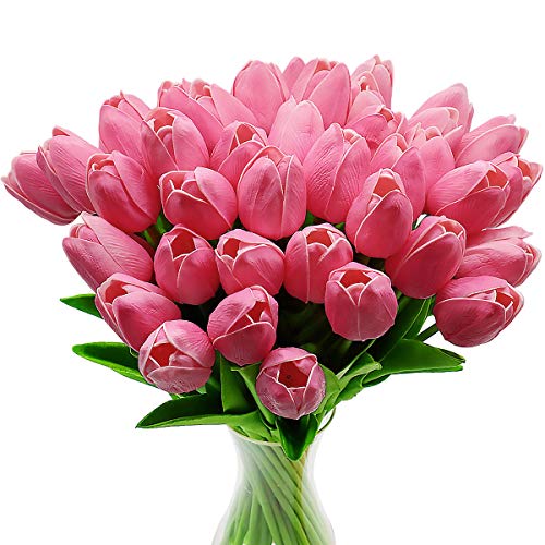 Fiori di tulipano artificiale, 10 pezzi di fiori in lattice con tocco reale Tulipani con foglie, decorazione elegante per banchetti nuziali, cucina domestica (rosa) von CATTLEYAHQ