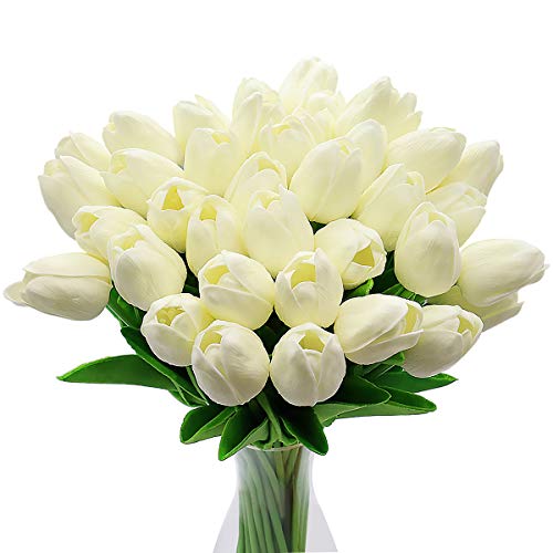 CattleyaHQ Künstliche Tulpen-Blumen, 10pcs Real Touch Latex-Blumen-Tulpen mit Blättern, Elegante Dekoration für Brauthochzeits-Bankett-Partei, Hauptküche (Weiß) von CattleyaHQ