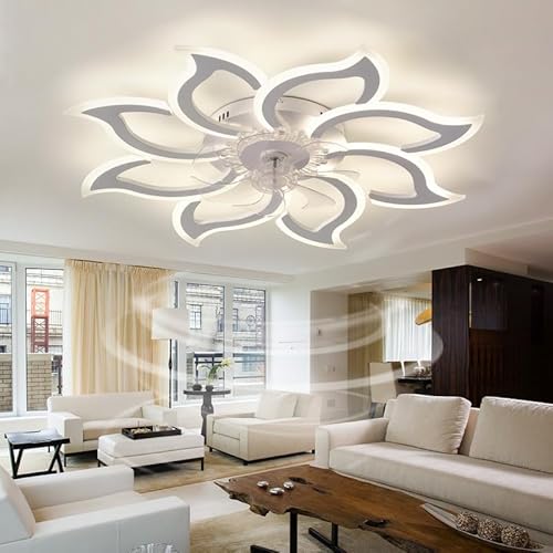 Caufloce Groß Deckenlampe mit Ventilator LED Schlafzimmer Dimmbar Deckenventilator mit Licht Reversibel Modern Fernbedienung Leise Lampe mit Ventilator Blume Smart 6 Gang für Wohnzimmer, Salon-Weiß von Caufloce