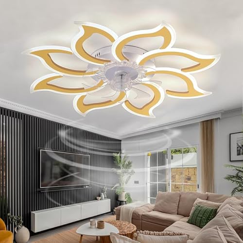 Caufloce Groß Deckenlampe mit Ventilator Schlafzimmer LED Dimmbar Deckenventilator mit Licht Reversibel Modern Fernbedienung Leise Lampe mit Ventilator Blume Smart 6 Gang für Wohnzimmer, Salon-Gold von Caufloce