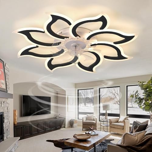 Groß Deckenlampe mit Ventilator LED Schlafzimmer Dimmbar Deckenventilator mit Licht Reversibel Modern Fernbedienung Leise Lampe mit Ventilator Blume Smart 6 Gang für Wohnzimmer, Salon-Schwarz von Caufloce