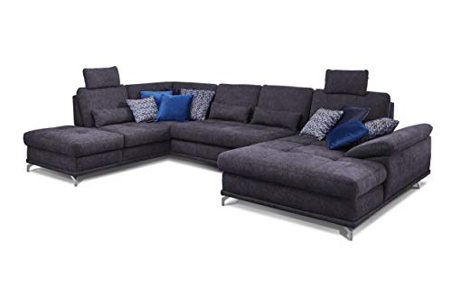 Cavadore Wohnlandschaft Castiel mit Federkern / Großes U-Form-Sofa mit Schlaffunktion, Sitztiefenverstellung und Kopfstützen / 368 x 114 x 232 / Webstoff, Dunkelblau von CAVADORE