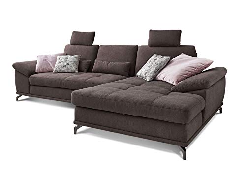 Cavadore Ecksofa Castiel mit Federkern / Großes Sofa in L-Form mit Sitztiefenverstellung, Kopfstützen und XL-Longchair / 312 x 114 x 173 / Webstoff, Dunkelbraun von CAVADORE