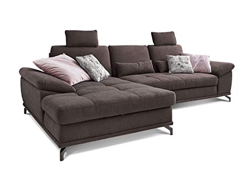 Cavadore L-Form-Sofa Castiel mit Federkern / Große Eckcouch mit Sitztiefenverstellung, Kopfstützen und XL-Longchair / 312 x 114 x 173 / Webstoff, Dunkelbraun von CAVADORE