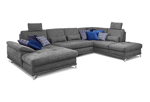 Cavadore Wohnlandschaft Castiel mit Federkern / Großes Schlafsofa in U-Form mit Bett, Sitztiefenverstellung und Kopfstützen / 368 x 114 x 232 / Webstoff, Grau von CAVADORE