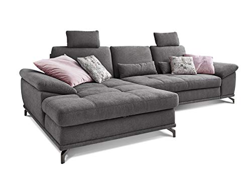 Cavadore L-Form-Sofa Castiel mit Federkern / Großes Schlafsofa in L-Form mit Bettkasten, Sitztiefenverstellung, Kopfstützen und XL-Longchair / 312 x 114 x 173 / Webstoff, Grau von CAVADORE