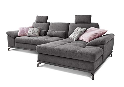 Cavadore Schlafsofa Castiel mit Federkern / Großes Sofa in L-Form mit Bettfunktion, Sitztiefenverstellung, Kopfstützen und XL-Longchair / 312 x 114 x 173 / Webstoff, Grau von CAVADORE