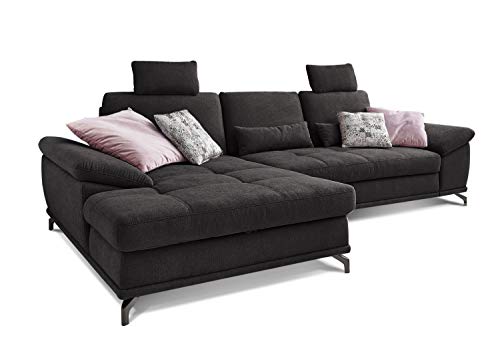 Cavadore L-Form-Sofa Castiel mit Federkern / Große Eckcouch mit Sitztiefenverstellung, Kopfstützen und XL-Longchair / 312 x 114 x 173 / Webstoff, Schwarz von CAVADORE