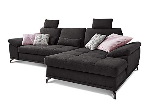 Cavadore Ecksofa Castiel mit Federkern / Großes Sofa in L-Form mit Sitztiefenverstellung, Kopfstützen und XL-Longchair / 312 x 114 x 173 / Webstoff, Schwarz von CAVADORE