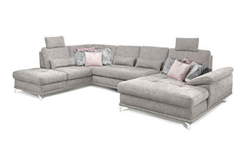 Cavadore Wohnlandschaft Castiel mit Federkern / Großes U-Form-Sofa mit Schlaffunktion, Sitztiefenverstellung und Kopfstützen / 368 x 114 x 232 / Webstoff, Hellgrau von CAVADORE